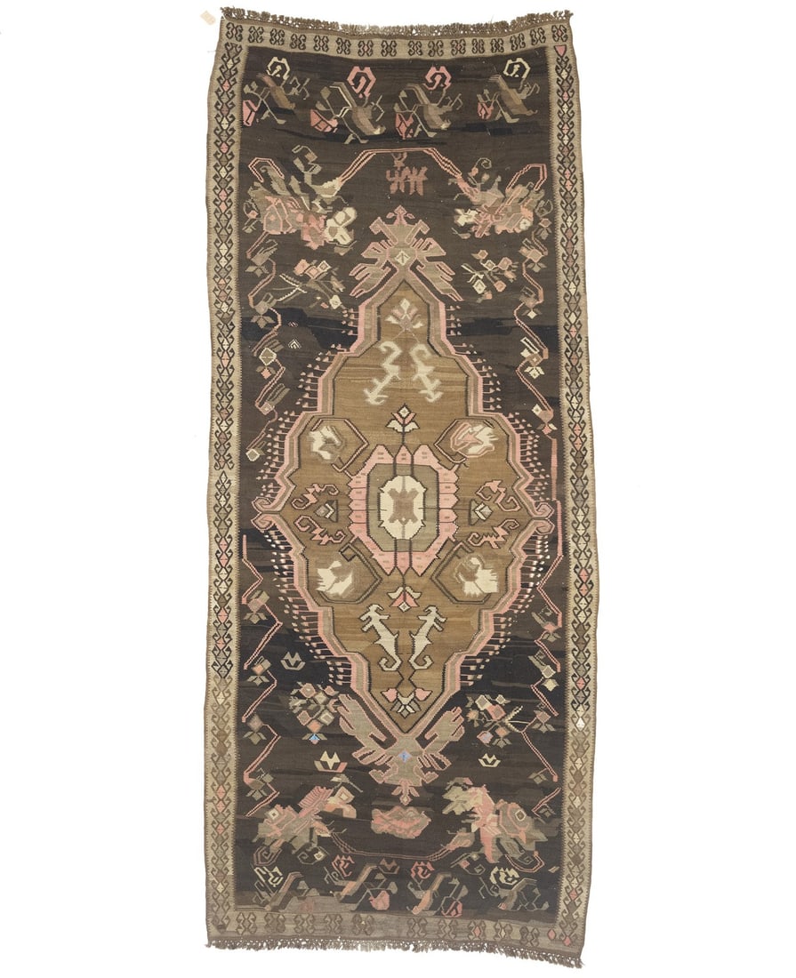 6'0 x 14'6 Wool Hand-Woven Geometric Tribal Vintage Kilim Area Rug: 6'0 x 14'6 Wool Hand-Woven Geometric Tribal Vintage Kilim Area Rug This geometric floral kilim rug features a reversible flat-woven design with a vintage tribal style. Hand-woven from wool, the rug di