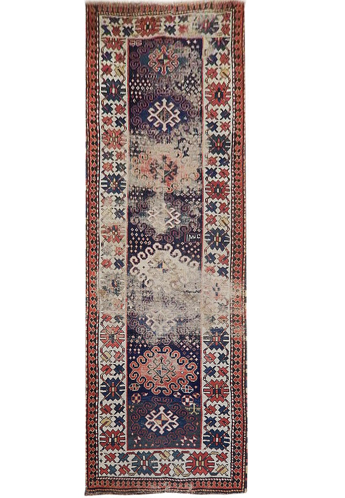 Vintage 3.8 x 9.2 Blue Semi-Antique Russian Kazak Area Rug: Vintage 3.8 x 9.2 Blue Semi-Antique Russian Kazak Area Rug Free continental US Shipping Experience the timeless elegance of this Vintage 3.8 x 9.2 Blue Semi-Antique Russian Kazak Rug. Handwoven from h