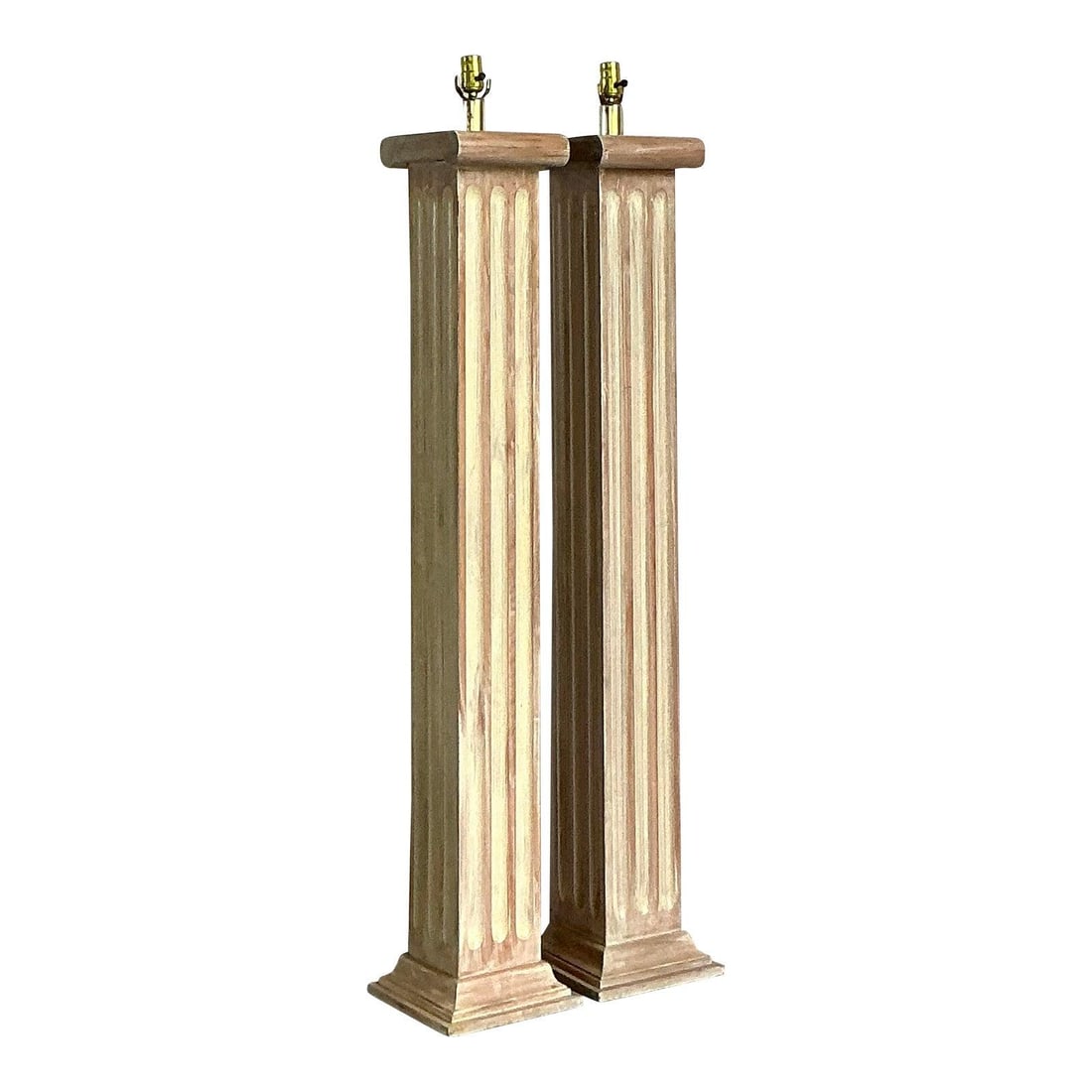 Pair of Neoclassical Style Wooden Fluted Column Floor Lamps: Pair of Neoclassical Style Wooden Fluted Column Floor Lamps This pair of vintage wooden floor lamps features a fluted Doric column design inspired by Neoclassical and Regency styles. Each lamp is craf