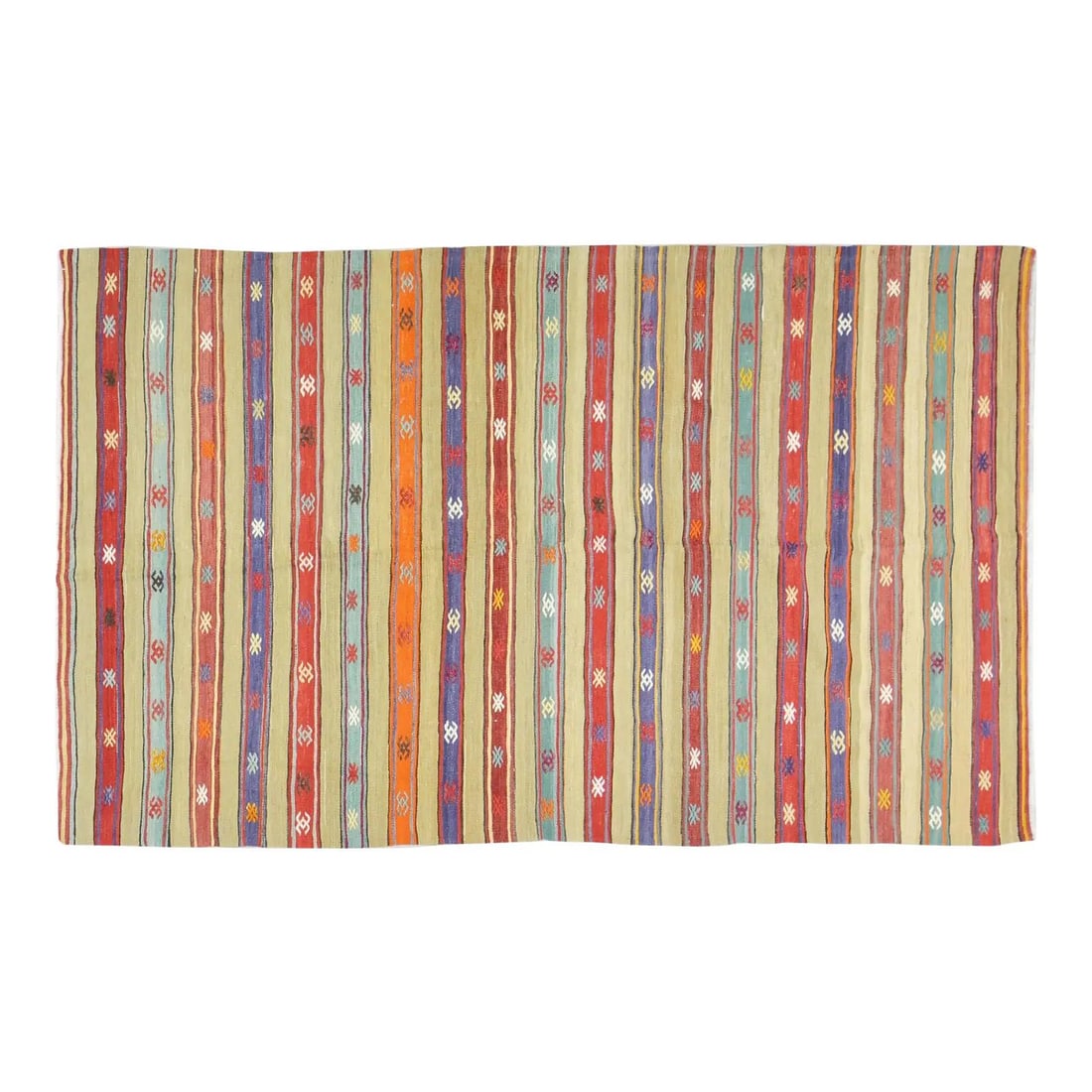 Turkish Anatolian Wool Kilim Rug Hand Knotted Natural Dye 4'10" x 8'1": Turkish Anatolian Wool Kilim Rug Hand Knotted Natural Dye 4'10" x 8'1" This vintage Turkish Anatolian kilim from the 1960s is hand knotted using natural colors, offering a soft texture and fine weave.
