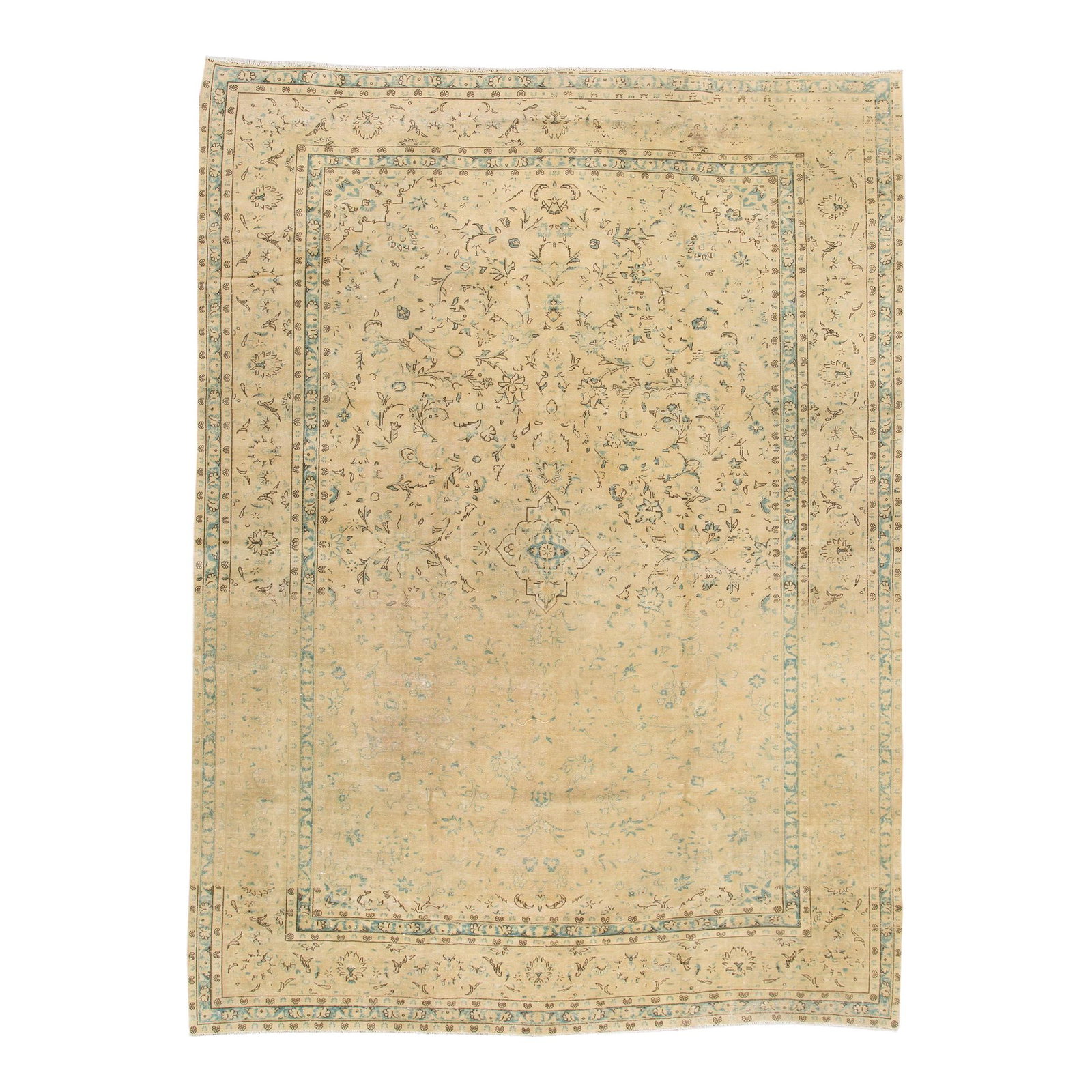 Vintage Persian Tabriz Hand-Knotted Beige Wool Floral Rug 4'3 x 6'6: Vintage Persian Tabriz Hand-Knotted Beige Wool Floral Rug 4'3 x 6'6 This exquisite Vintage Persian hand-knotted wool rug features a beautiful beige field adorned with tan and green accents, showcasing
