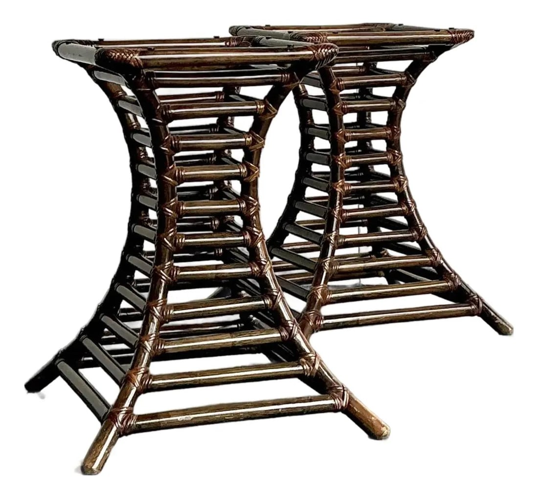 Willow Reed rattan pedestal pair with rawhide bindings: Willow Reed rattan pedestal pair with rawhide bindings This pair of vintage pedestals from Willow & Reed exemplifies 1970s high-end coastal design. Each pedestal features horizontal bands of dark-stai