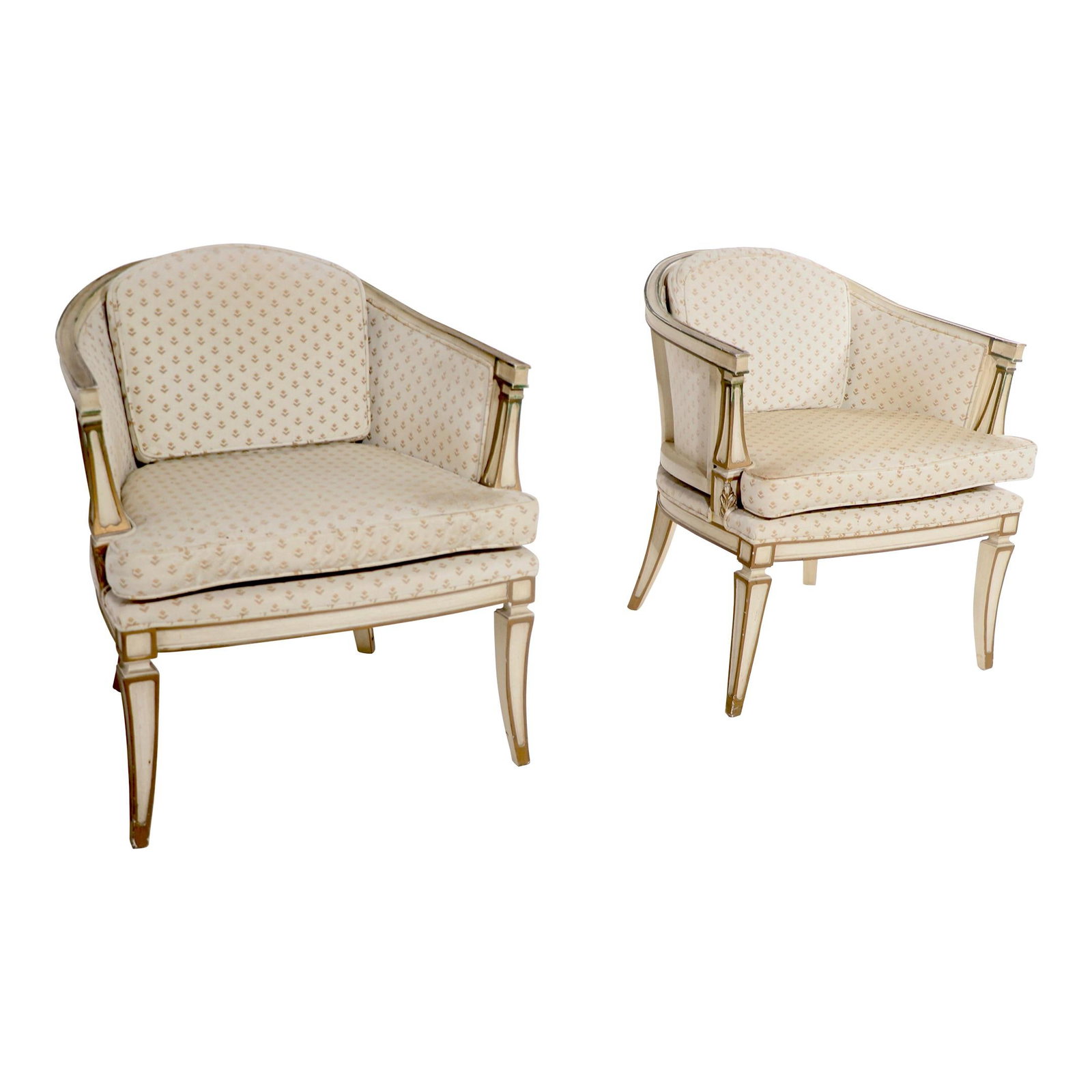 Chic Pair of Mid Century Hollywood Regency Tub Chairs Antique White: Chic Pair of Mid Century Hollywood Regency Tub Chairs Antique White This exquisite pair of Mid Century Hollywood Regency tub chairs embodies a chic and stylish aesthetic, influenced by classic Regency