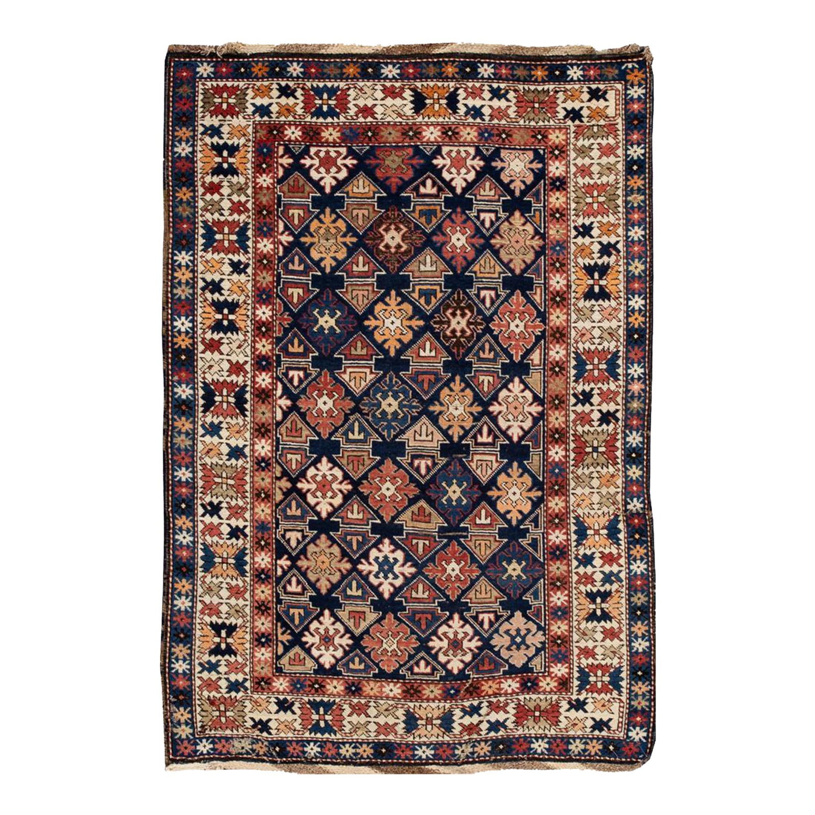 Antique Caucasian Hand Knotted Wool Rug Navy Blue Multicolor 3'9 x 5'6: Antique Caucasian Hand Knotted Wool Rug Navy Blue Multicolor 3'9 x 5'6 Discover this exquisite Antique Caucasian handmade wool rug, featuring a striking navy blue field adorned with multicolor accents