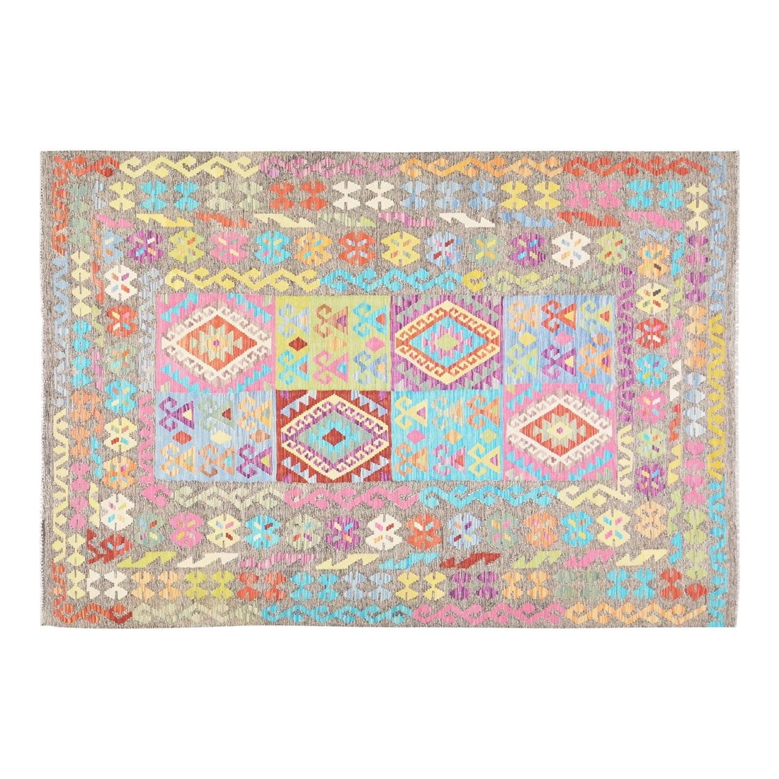 6'10" x 10' Wool Kilim Rug Maimana Afghan Flatweave Geometric Pattern (1 of 6)