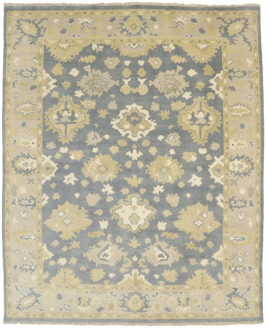 Muted Floral Wool Oushak Area Rug 8'1 x 9'10 Hand-Knotted Modern Carpet: Muted Floral Wool Oushak Area Rug 8'1 x 9'10 Hand-Knotted Modern Carpet This handmade Oushak Oriental area rug features a traditional floral pattern in muted tones of gray, tan, beige, and cream. Craf