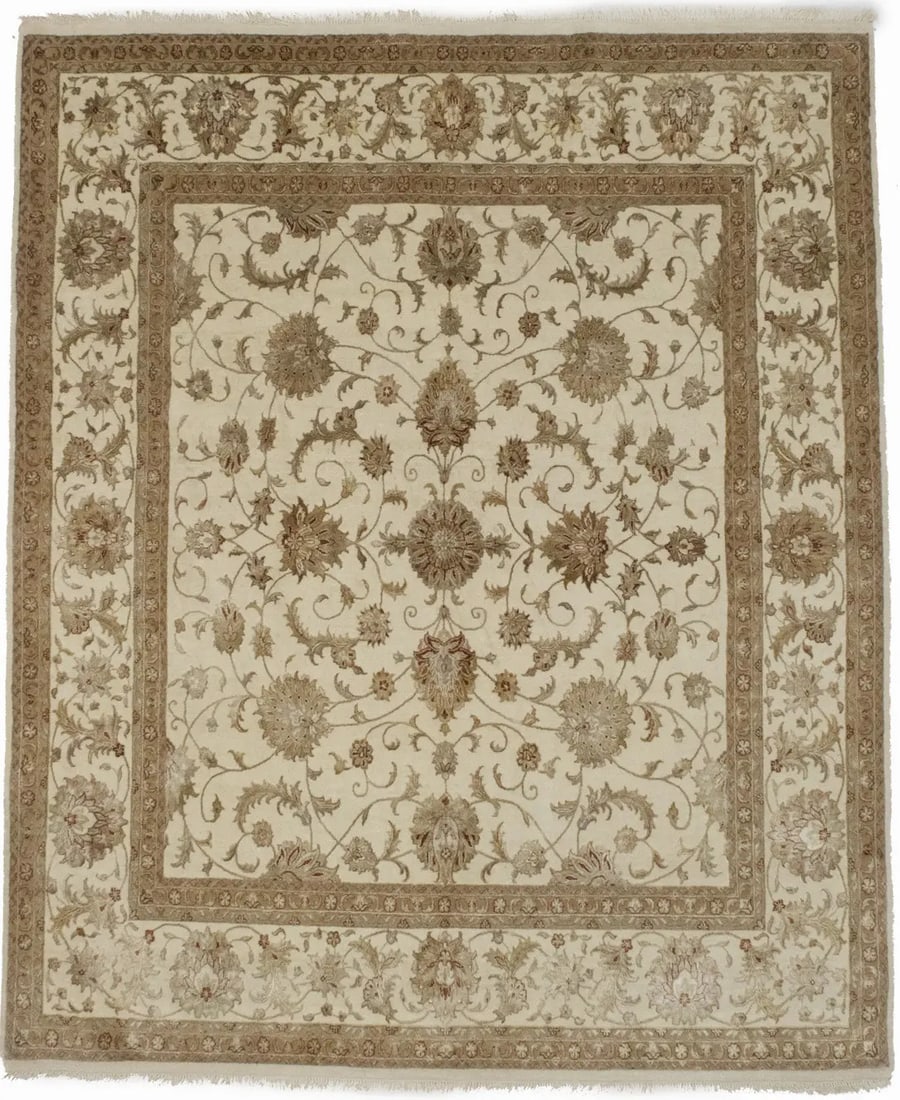 Handmade Wool Floral Area Rug 6'9 x 5'8 Modern Oriental Carpet: Handmade Wool Floral Area Rug 6'9 x 5'8 Modern Oriental Carpet This extra fine handmade area rug features a rare classic floral pattern in beige, cream, tan, and medium brown tones. Expertly hand-knot