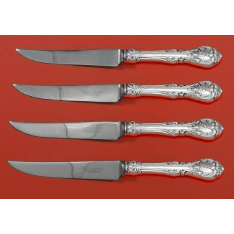 Gorham King Edward Sterling Silver Steak Knife Set 4pc Texas Sized: Gorham King Edward Sterling Silver Steak Knife Set 4pc Texas Sized Elevate your dining experience with this exquisite 4-piece steak knife set from the King Edward pattern by Gorham. Crafted from sterl