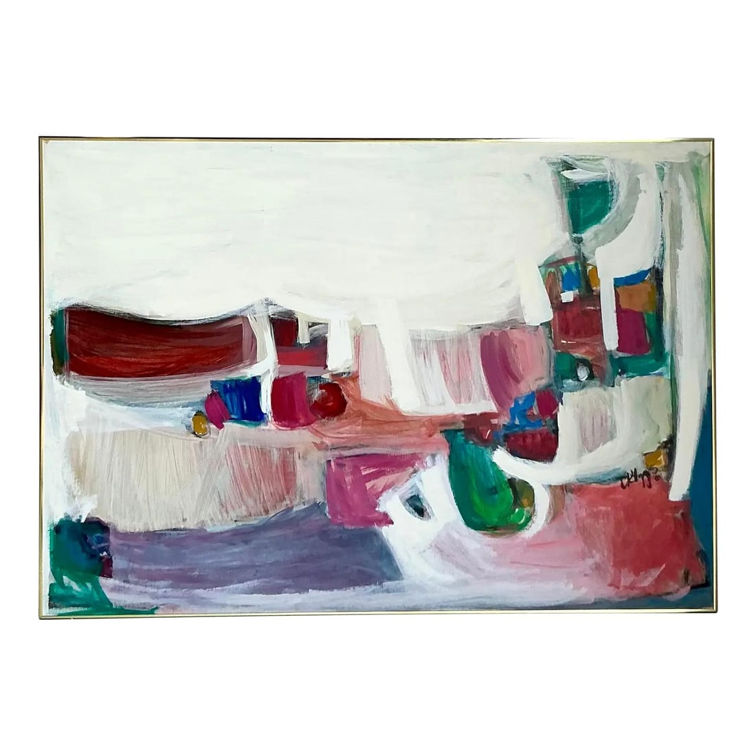 1966 Abstract Boho Oil Painting on Canvas Large Mid-Century Modern Art: 1966 Abstract Boho Oil Painting on Canvas Large Mid-Century Modern Art This original abstract oil painting on canvas from 1966 embodies the vibrant artistic spirit of the 1960s. Showcasing dynamic bru