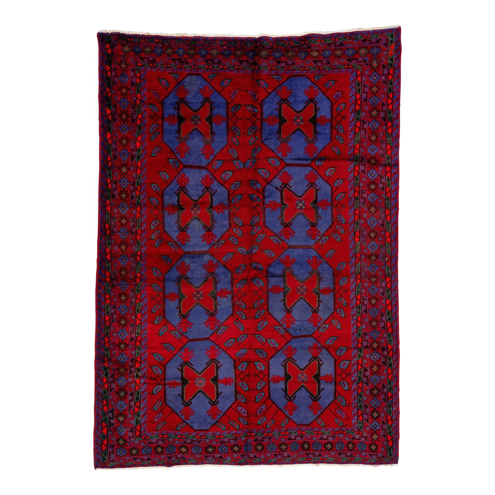 1960s Vintage Shiraz Handmade Wool Rug Red Tribal Motif 6'8 x 9'6: 1960s Vintage Shiraz Handmade Wool Rug Red Tribal Motif 6'8 x 9'6 This stunning vintage handcrafted Persian Shiraz wool rug features a vibrant red and blue tribal pattern, perfect for adding an artist
