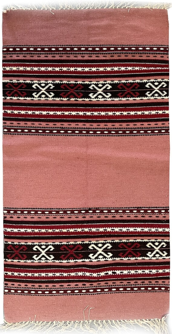 Vintage Kelim Tapestry Rug 2x4 Handmade Wool 56cm x 130cm: Vintage Kelim Tapestry Rug 2x4 Handmade Wool 56cm x 130cm This vintage flatwoven tapestry rug is a handmade piece crafted in Europe around 1970. Featuring a geometric pattern with animal motifs, it is
