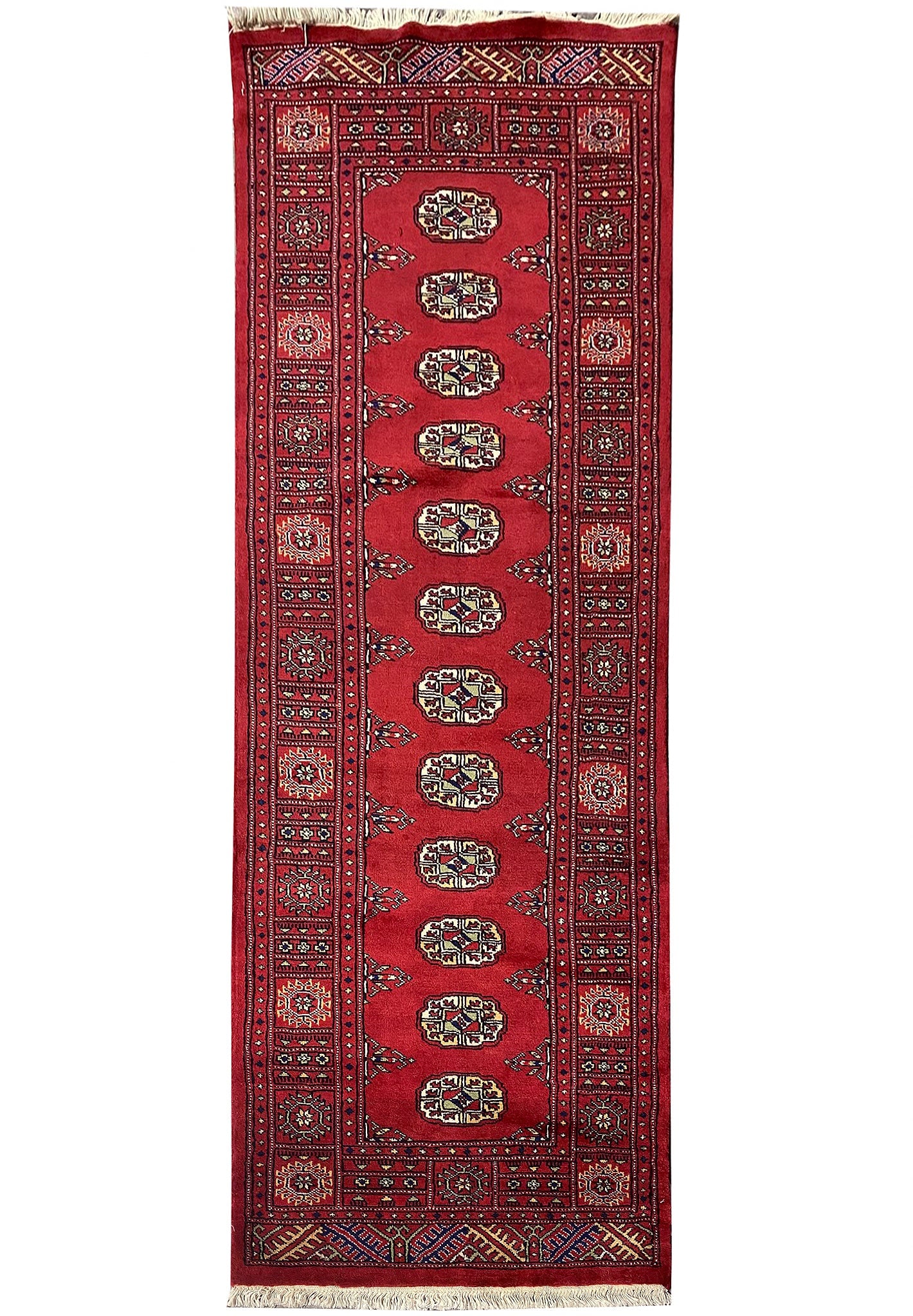 2.7 x 7.5 Bokhara Pakistan Hand Knotted Wool Runner Traditional Gul Design: 2.7 x 7.5 Bokhara Pakistan Hand Knotted Wool Runner Traditional Gul Design Free continental US Shipping This Bokhara runner is hand-knotted in Pakistan from high-quality wool, showcasing the enduring 