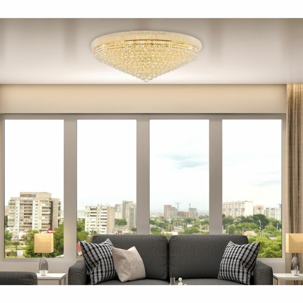 Gold Crystal 30 Light Flush Mount Chandelier 42 Inch Primo: Gold Crystal 30 Light Flush Mount Chandelier 42 Inch Primo This large flush mount chandelier features a contemporary gold finish and is adorned with Royal Cut clear crystals. Designed for indoor insta