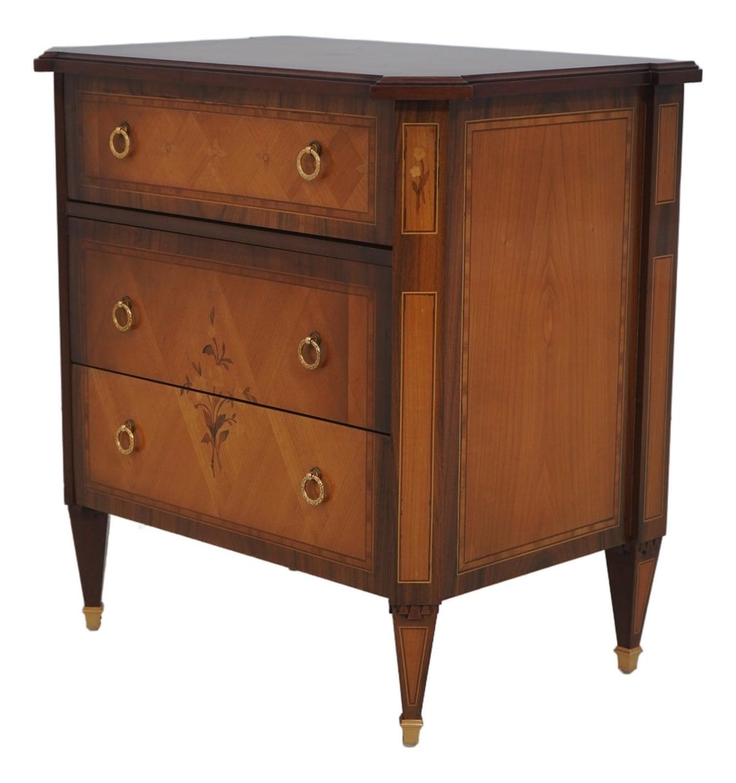 Italian Wood Nightstand with Three Drawers and Brass Accents: Italian Wood Nightstand with Three Drawers and Brass Accents This Italian nightstand chest features three drawers with dovetailed construction, showcasing quality craftsmanship and elegant inlay work 