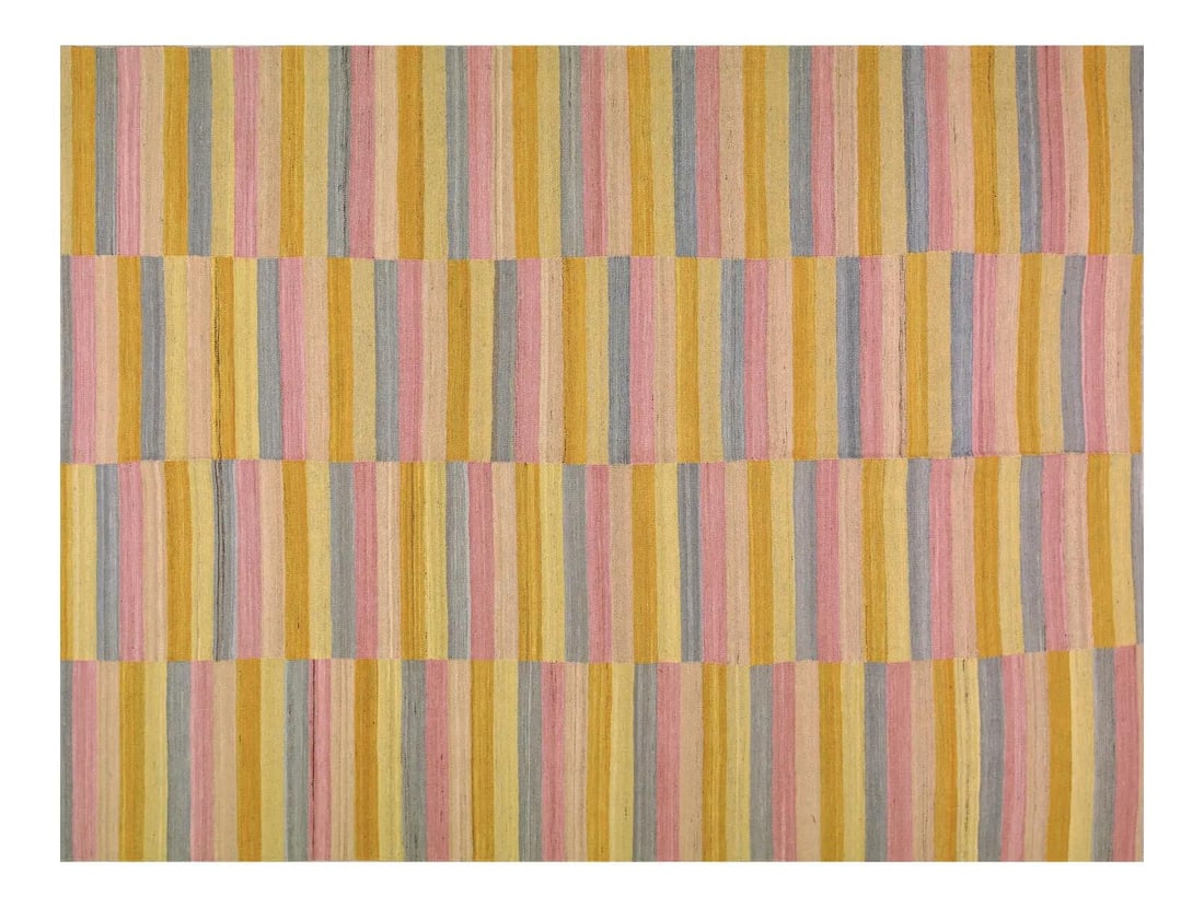 Afghan Wool Kilim Rug with Geometric Design 6'9" x 9'2": Afghan Wool Kilim Rug with Geometric Design 6'9" x 9'2" This vintage Afghan kilim is hand woven using natural wool and features a modern geometric pattern in pink tones. The rug highlights traditional