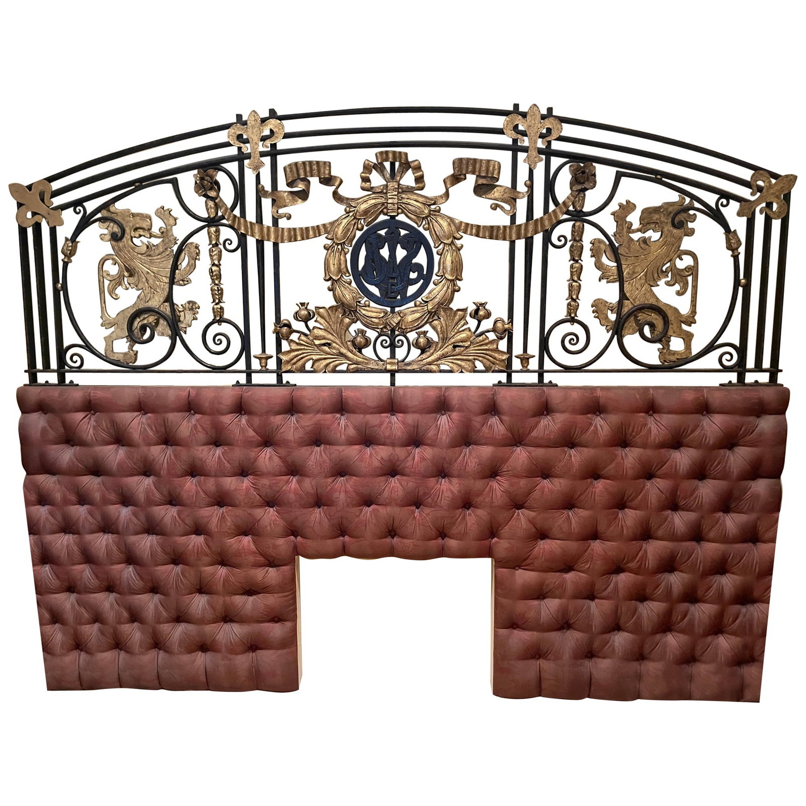 French Louis XVI Bronze Iron King Size Headboard 120.5W x 94H: French Louis XVI Bronze Iron King Size Headboard 120.5W x 94H This monumental 18th-century French Louis XVI headboard is crafted from a repurposed architectural wrought iron element, originally part o