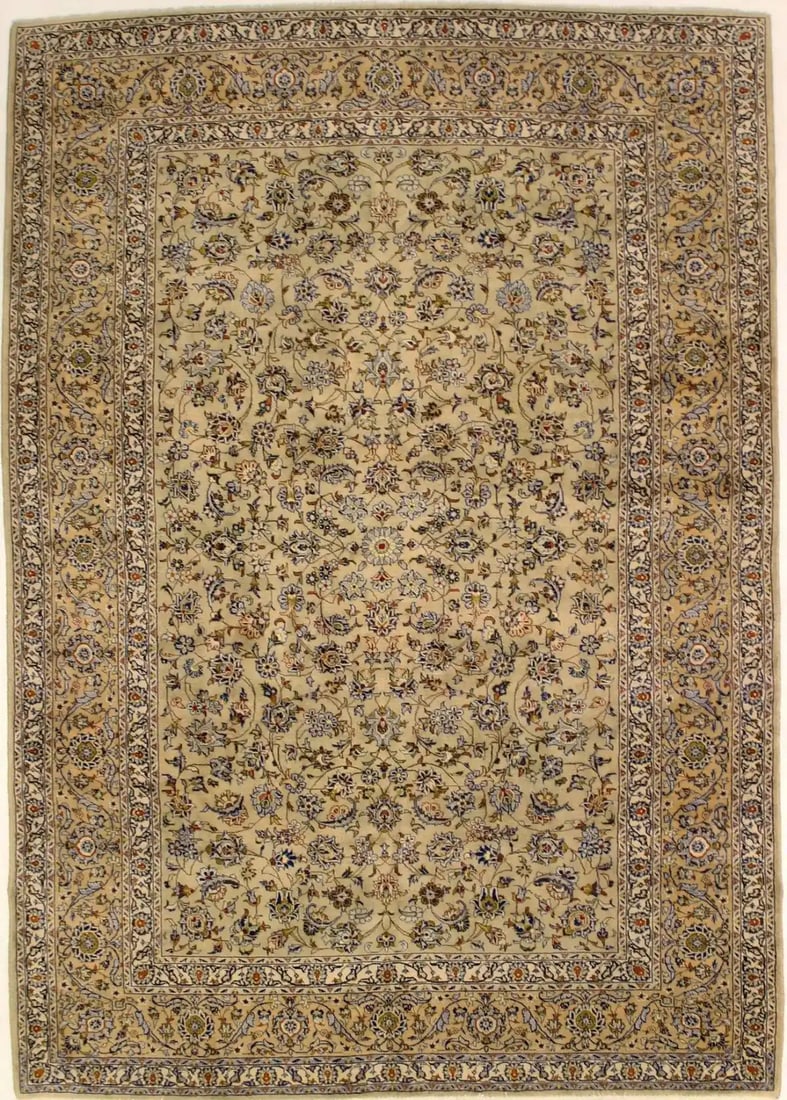 Hand-Knotted Wool Area Rug Vintage Floral Pattern 8'10 x 12'8 Rectangle: Hand-Knotted Wool Area Rug Vintage Floral Pattern 8'10 x 12'8 Rectangle This semi-antique handmade Oriental rug features a classic beige floral design with accents of tan, light blue, brown, cream, na