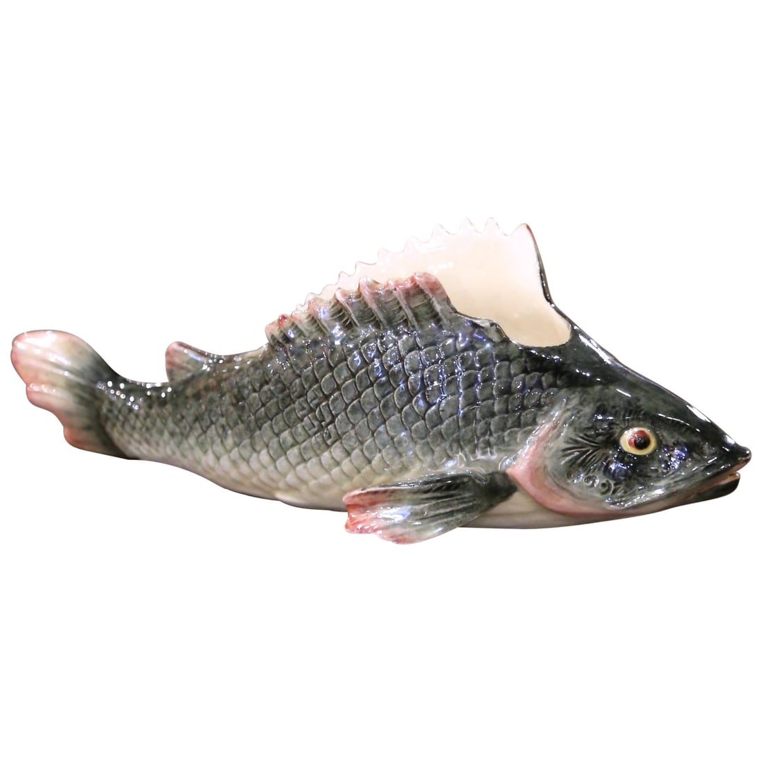 French Majolica Trout Decorative Vessel by Fives-Lille Circa 1950: French Majolica Trout Decorative Vessel by Fives-Lille Circa 1950 This mid-century French barbotine vessel, crafted in Fives-Lille around 1950, is shaped as a lifelike rainbow trout with extended fins