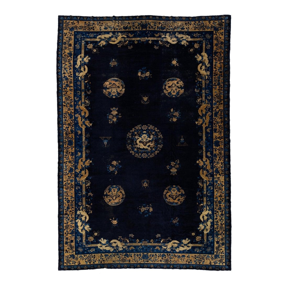 Antique Chinese Wool Rug 10'4 x 15'2 Blue Floral Design: Antique Chinese Wool Rug 10'4 x 15'2 Blue Floral Design Enhance your space with this exquisite antique handmade Peking Chinese wool rug, showcasing a stunning Art Deco design. The rug features a rich 