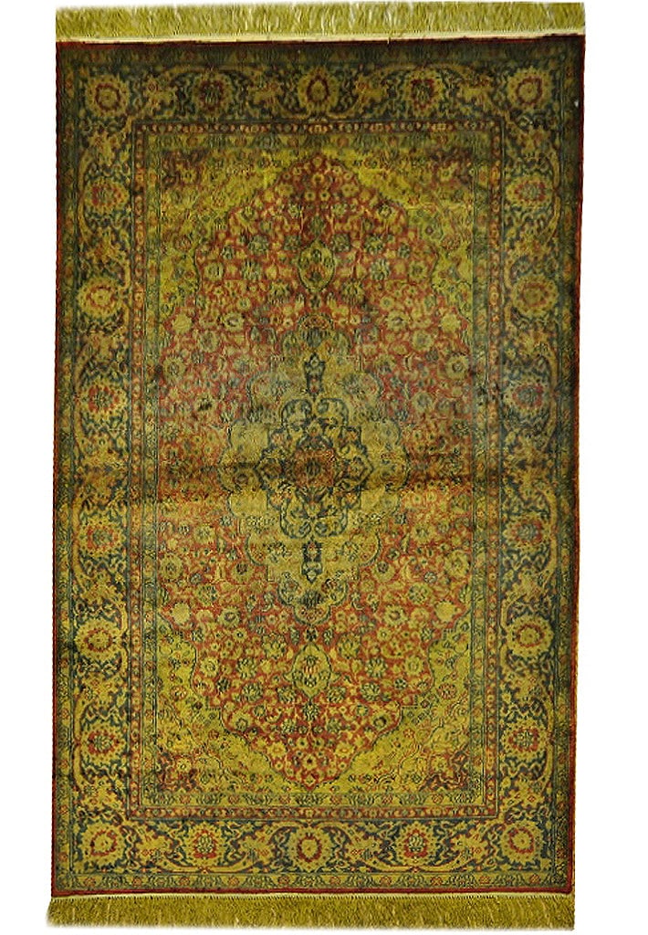 3' x 5' Fine Silk Handmade Overdyed Gold Coral Rug: 3' x 5' Fine Silk Handmade Overdyed Gold Coral Rug Free continental US Shipping Enhance your home decor with this exquisite 3 x 5 Fine Silk Handmade Overdyed Gold Coral Rug. Skillfully crafted in Chin
