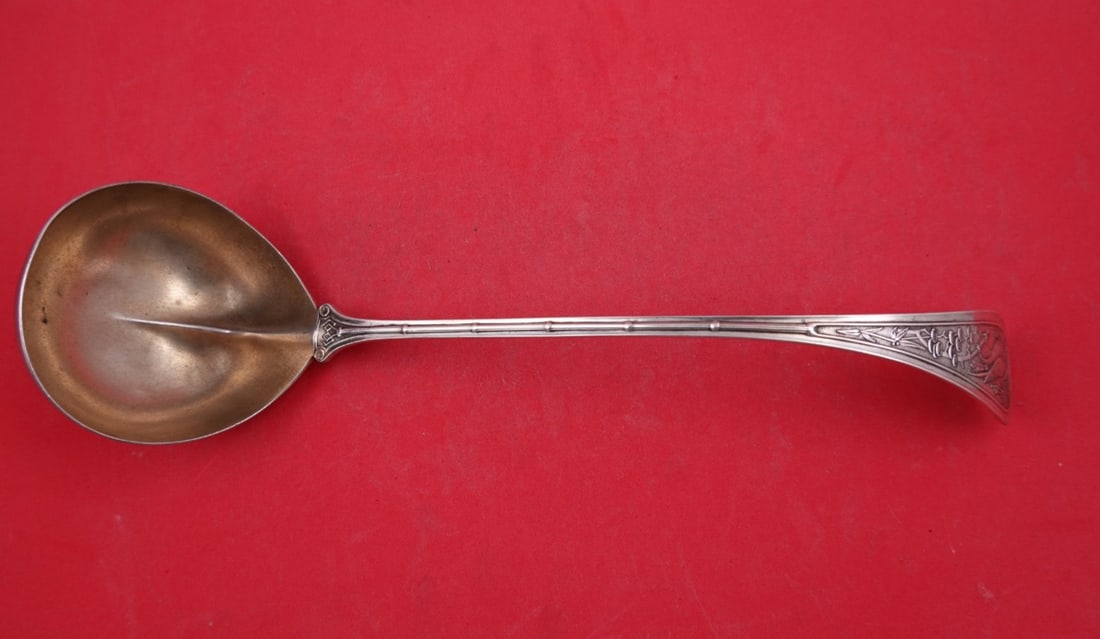 Wendt Bird Sterling Silver Soup Ladle Gold Wash 11": Wendt Bird Sterling Silver Soup Ladle Gold Wash 11" Sterling silver soup ladle in the Bird pattern by Wendt, featuring a gold wash finish. The piece is monogrammed, with monos varying, and is describe