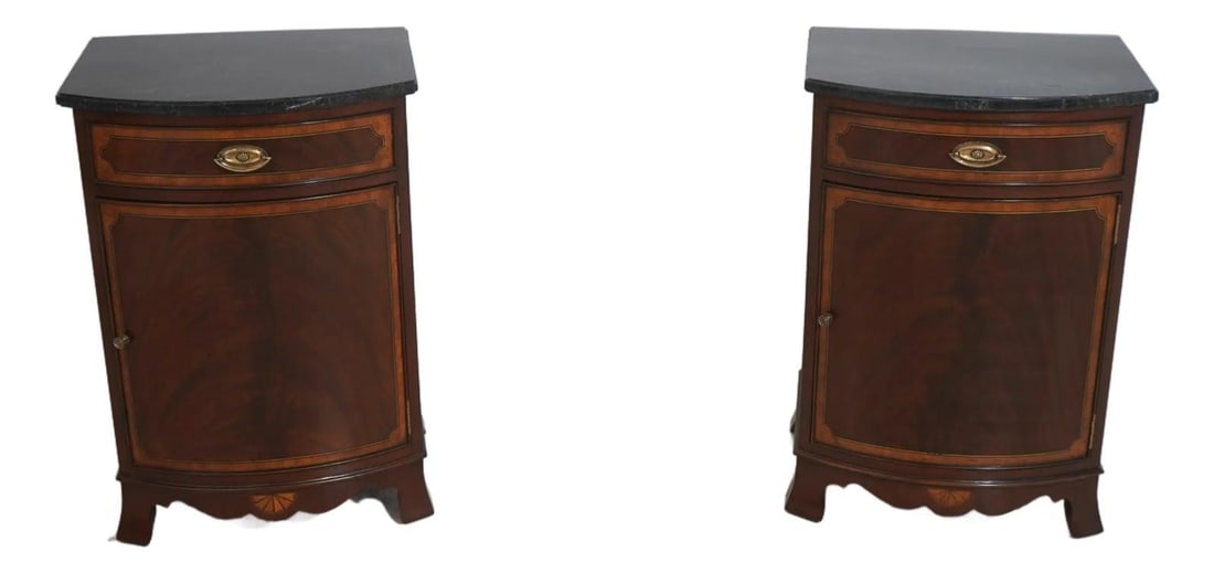 Set of 2 Mahogany Nightstands with Marble Tops by Scarborough House: Set of 2 Mahogany Nightstands with Marble Tops by Scarborough House This pair of Scarborough House nightstands features a traditional design crafted from mahogany, topped with elegant marble surfaces.