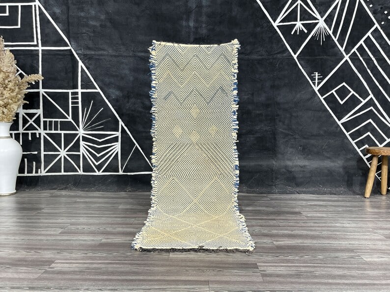 Handwoven Moroccan Runner Rug 5 x 2 Feet 100% Wool: Handwoven Moroccan Runner Rug 5 x 2 Feet 100% Wool Elevate your home decor with this Elegant Runner Rug, meticulously handwoven in the Atlas Mountains by skilled Berber women weavers. Crafted using tr