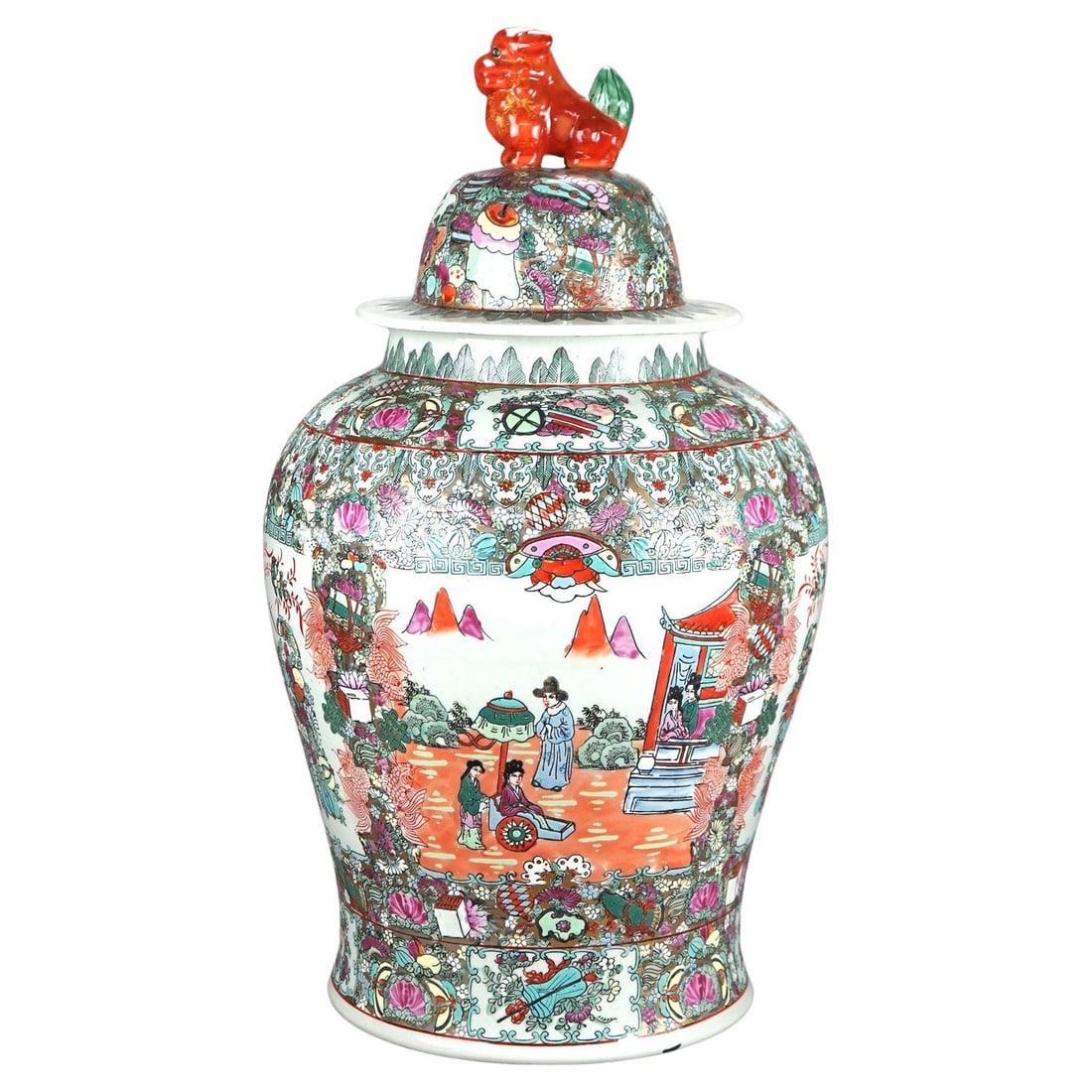 Oversized 20thC Chinese Rose Medallion Enameled Urn with Foo Dog Finial: Oversized 20thC Chinese Rose Medallion Enameled Urn with Foo Dog Finial Presenting an extraordinary oversized Chinese Rose Medallion enameled porcelain figural covered urn from the 20th century. This 