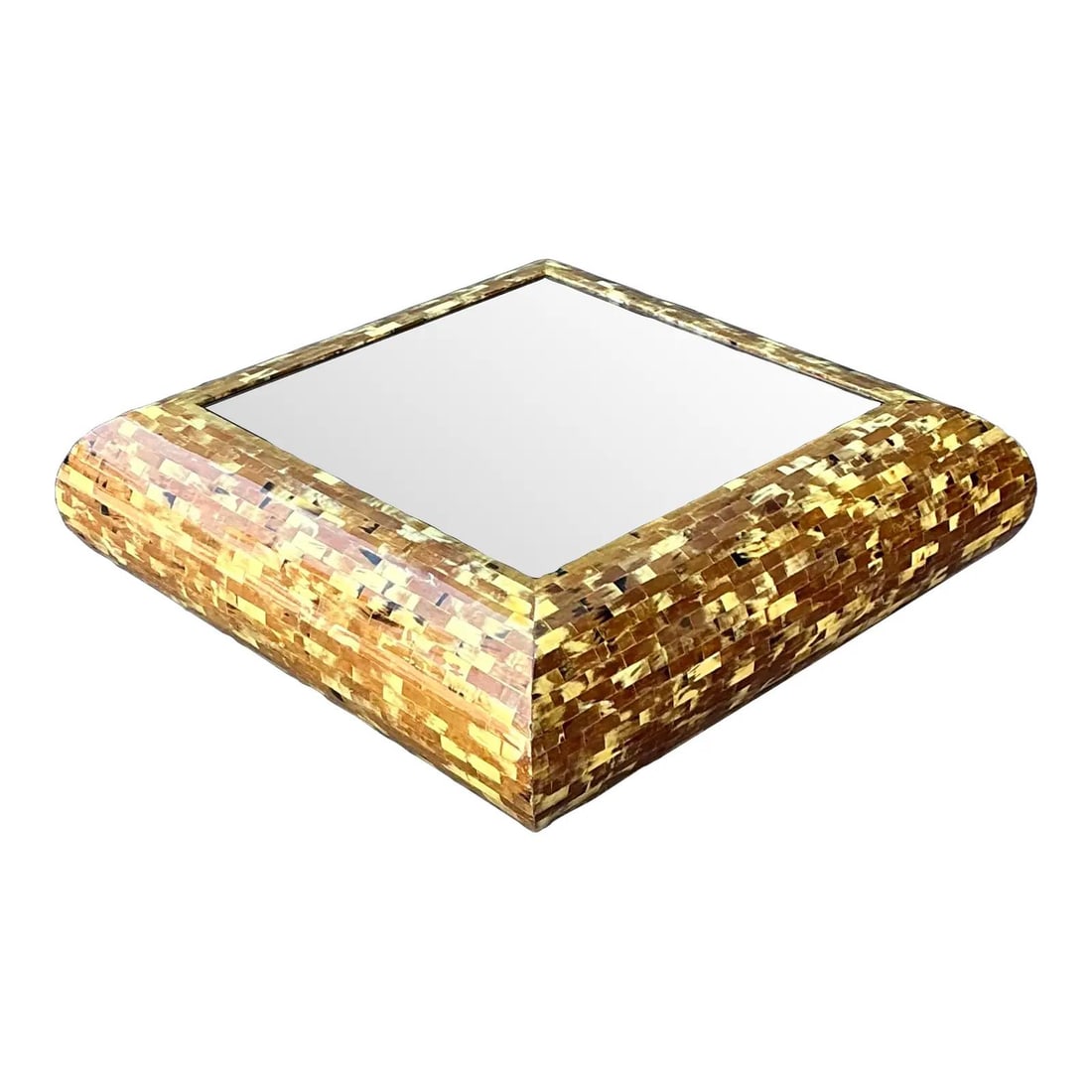 Hollywood Regency Horn Mosaic Coffee Table: Hollywood Regency Horn Mosaic Coffee Table This vintage coffee table is a standout piece from the 1970s, featuring a tessellated horn exterior composed of individually hand-laid natural horn tiles in 