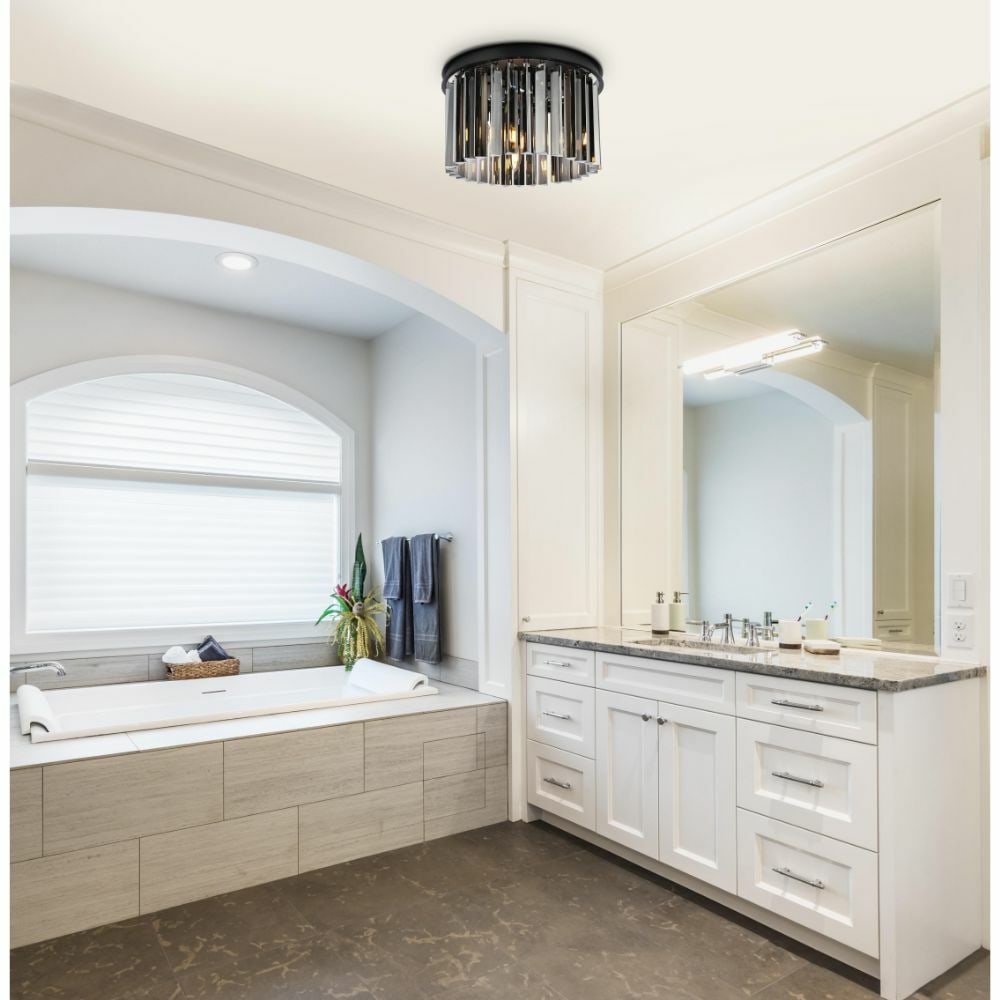 Sydney 16 in Crystal Flush Mount Ceiling Light Matte Black: Sydney 16 in Crystal Flush Mount Ceiling Light Matte Black Contemporary 3-light flush mount chandelier with a matte black finish and crystal detailing. It is hardwired for indoor installation and desi