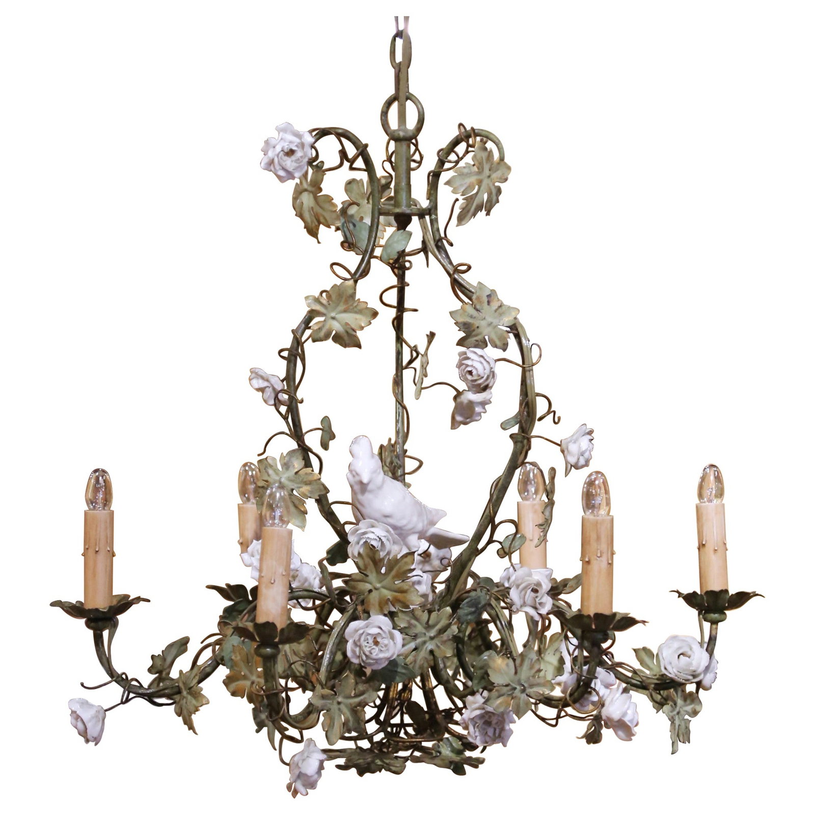 French 6-Light Floral Metal Chandelier with Porcelain Bird circa 1920 (1 of 8)