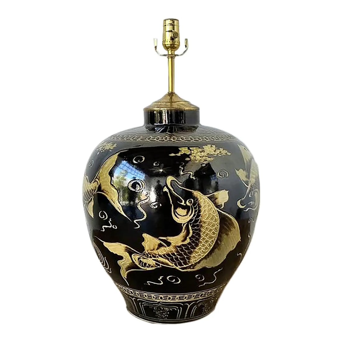 Mid Century Glazed Ceramic Table Lamp With Gold Koi Motif And Black Finish: Mid Century Glazed Ceramic Table Lamp With Gold Koi Motif And Black Finish This vintage table lamp features a ginger-jar-inspired ceramic body with a high-gloss obsidian black glaze and hand-painted k