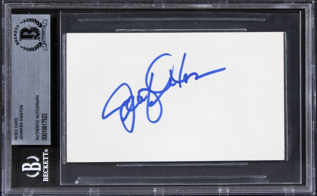 Jennifer Aniston Signed Friends Index Card Beckett Authenticated: Jennifer Aniston Signed Friends Index Card Beckett Authenticated This is an authentic signed 3x5 index card personally autographed by Jennifer Aniston, known for her role in the iconic series Friends.