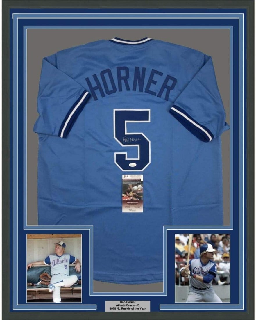 Framed Autographed Bob Horner Atlanta Braves Jersey 33x42 JSA COA: Framed Autographed Bob Horner Atlanta Braves Jersey 33x42 JSA COA Celebrate the legacy of Bob Horner with this professionally framed and autographed Atlanta Braves light blue jersey. The jersey measur
