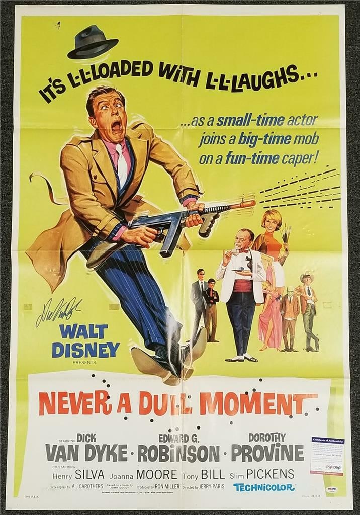 Never A Dull Moment 27x40 Poster Signed by Dick Van Dyke With PSA DNA COA: Never A Dull Moment 27x40 Poster Signed by Dick Van Dyke With PSA DNA COA This is an original "Never A Dull Moment" movie poster measuring 27x40 inches, signed by Dick Van Dyke. The autograph is certi
