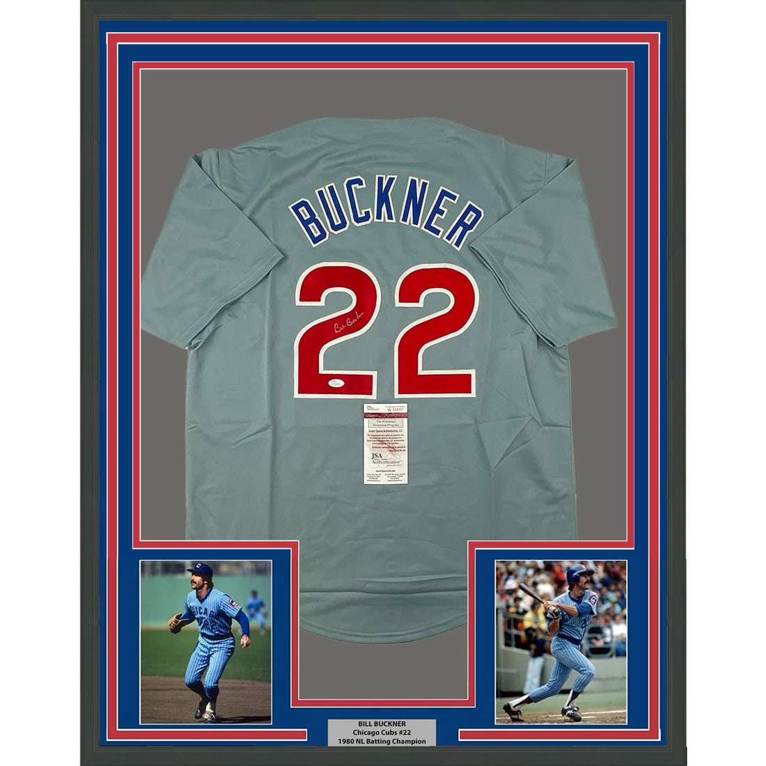 Framed Autographed Bill Buckner Chicago Cubs Jersey JSA COA 33x42: Framed Autographed Bill Buckner Chicago Cubs Jersey JSA COA 33x42 Celebrate the legacy of baseball legend Bill Buckner with this professionally framed and matted Chicago Cubs jersey. This original, au