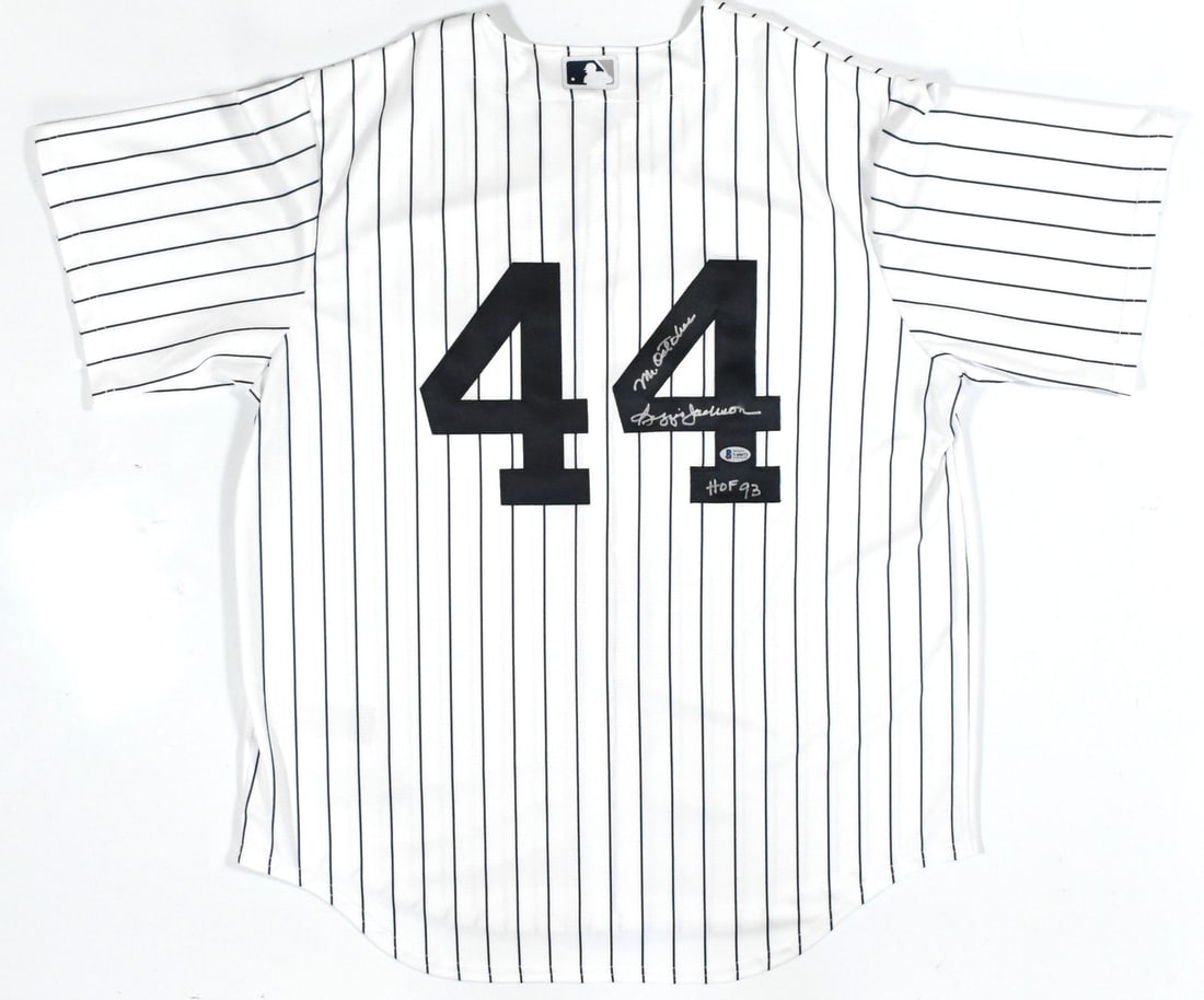 Reggie Jackson signed Yankees Nike jersey Mr October HOF: Reggie Jackson signed Yankees Nike jersey Mr October HOF This is a pre-owned Nike New York Yankees jersey autographed by Reggie Jackson, known as "Mr. October" and a Hall of Famer. The jersey represen