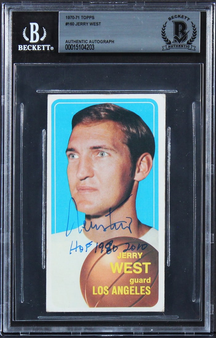 Jerry West signed 1970 Topps 160 Lakers card Beckett slabbed HOF 1980-2010: Jerry West signed 1970 Topps 160 Lakers card Beckett slabbed HOF 1980-2010 Autographed 1970 Topps #160 card signed by Jerry West of the Los Angeles Lakers, featuring the inscription "HOF 1980-2010." T