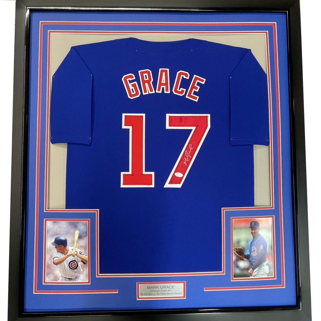 Framed Autographed Mark Grace Chicago Cubs Jersey with JSA COA: Framed Autographed Mark Grace Chicago Cubs Jersey with JSA COA Celebrate the legacy of Mark Grace with this professionally framed and autographed Chicago Cubs jersey. Measuring 33x42 inches, this eye-