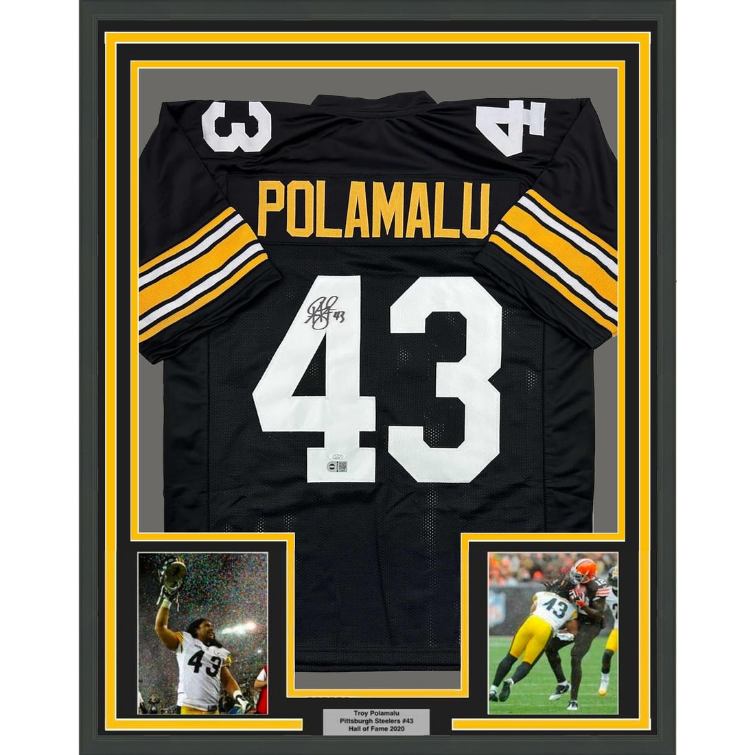 Framed Troy Polamalu Signed Jersey 35x39 Pittsburgh Steelers JSA COA: Framed Troy Polamalu Signed Jersey 35x39 Pittsburgh Steelers JSA COA Celebrate the legacy of NFL legend Troy Polamalu with this professionally framed autographed Pittsburgh Steelers retro jersey. Meas