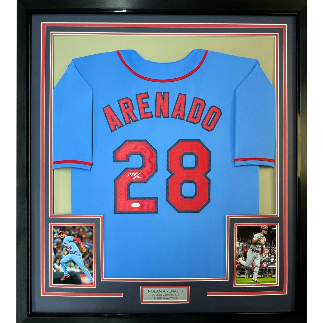 Framed Signed Nolan Arenado St. Louis Cardinals Jersey with JSA COA: Framed Signed Nolan Arenado St. Louis Cardinals Jersey with JSA COA Celebrate your love for baseball with this professionally framed and autographed Nolan Arenado jersey from the St. Louis Cardinals. 