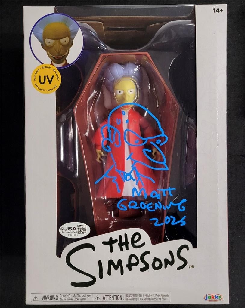 Matt Groening Signed Vampire Mr. Burns Figure JSA Authenticated: Matt Groening Signed Vampire Mr. Burns Figure JSA Authenticated This is a pre-owned action figure of Mr. Burns from 'The Simpsons,' featuring an original sketch signed by the creator, Matt Groening. T