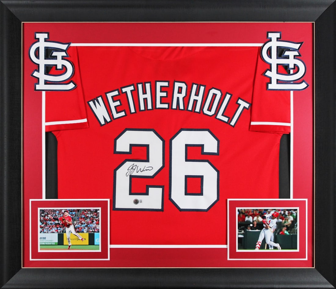 Framed Red Pro Style Jersey Signed by J.J. Wetherholt BAS Witnessed (1 of 2)