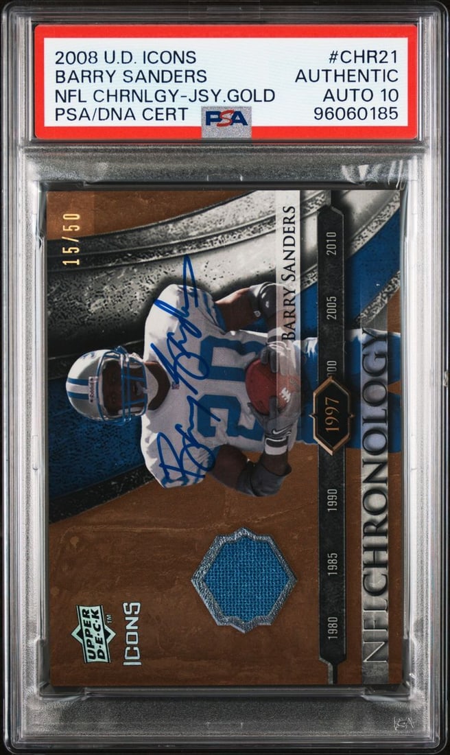 2008 Upper Deck Icons Barry Sanders Signed Gold Card PSA Authenticated #CHR21: 2008 Upper Deck Icons Barry Sanders Signed Gold Card PSA Authenticated #CHR21 This 2008 Upper Deck Icons NFL Chronology Gold trading card features the legendary Barry Sanders, a standout player for th