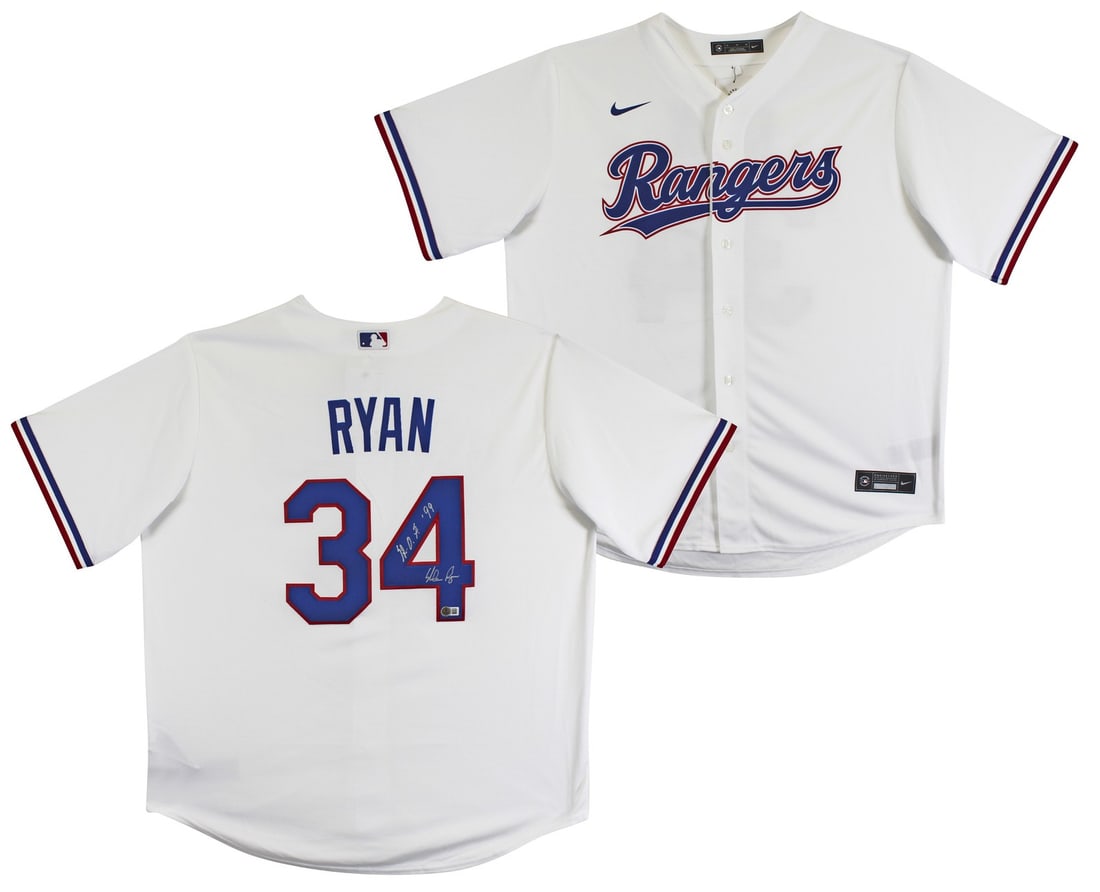 Nolan Ryan Autographed White Nike Jersey HOF 99 Beckett Authenticated Texas Rangers: Nolan Ryan Autographed White Nike Jersey HOF 99 Beckett Authenticated Texas Rangers This authentic white Nike jersey is personally signed by Nolan Ryan, the legendary pitcher of the Texas Rangers, and