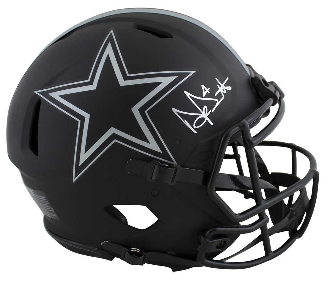 Dak Prescott Signed Dallas Cowboys Eclipse Helmet BAS Authenticated: Dak Prescott Signed Dallas Cowboys Eclipse Helmet BAS Authenticated This authentic Dallas Cowboys helmet features a striking Eclipse design and has been personally signed by quarterback Dak Prescott i
