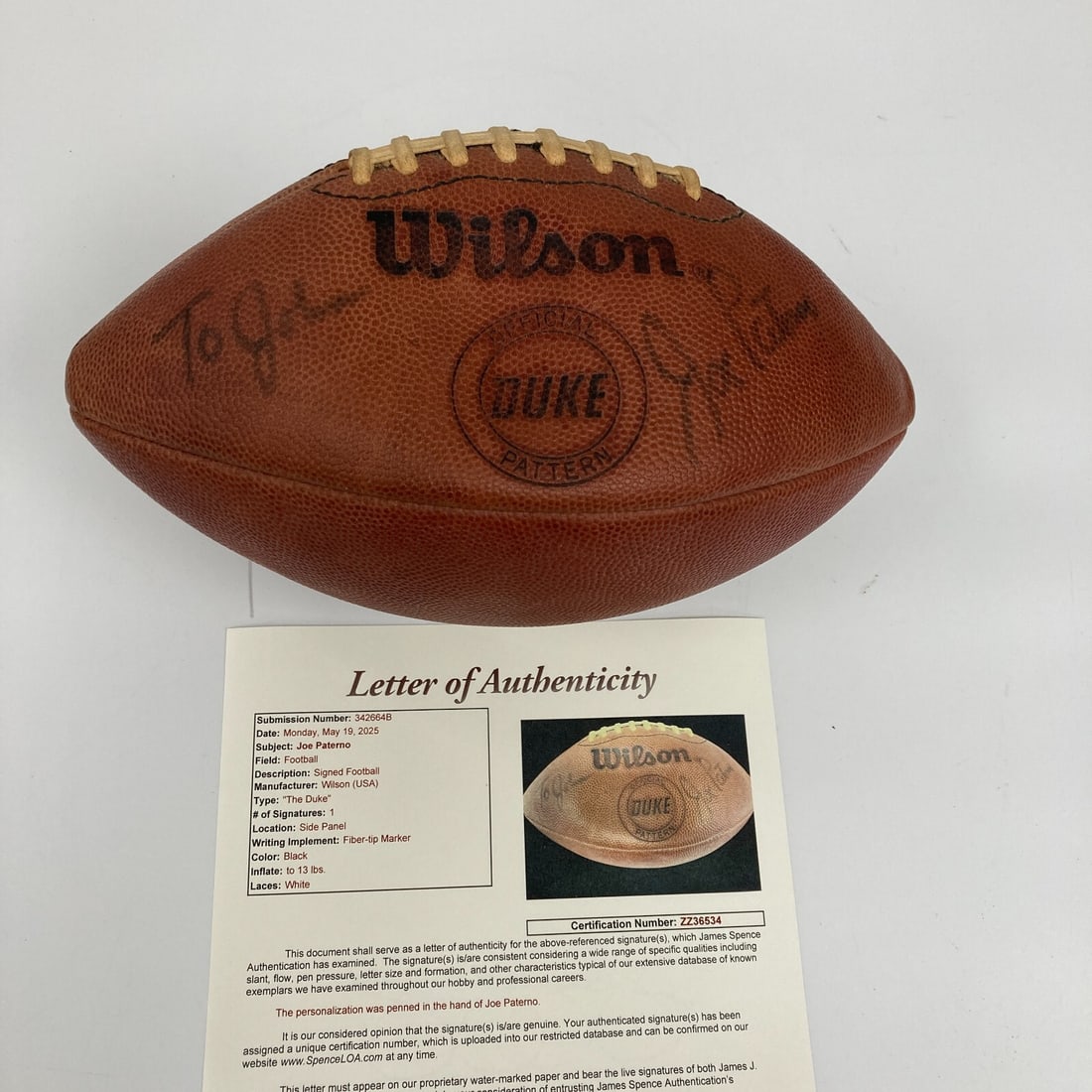 Joe Paterno Signed Wilson The Duke Football with JSA Authentication (1 of 6)