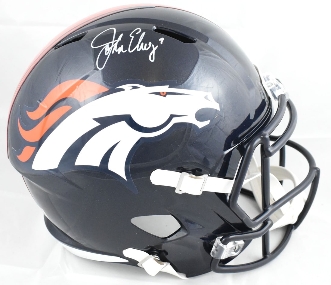 John Elway signed Denver Broncos full size speed helmet Beckett hologram: John Elway signed Denver Broncos full size speed helmet Beckett hologram This full-size Denver Broncos Speed helmet features the autograph of John Elway. It is an original item, not a reprint, and inc