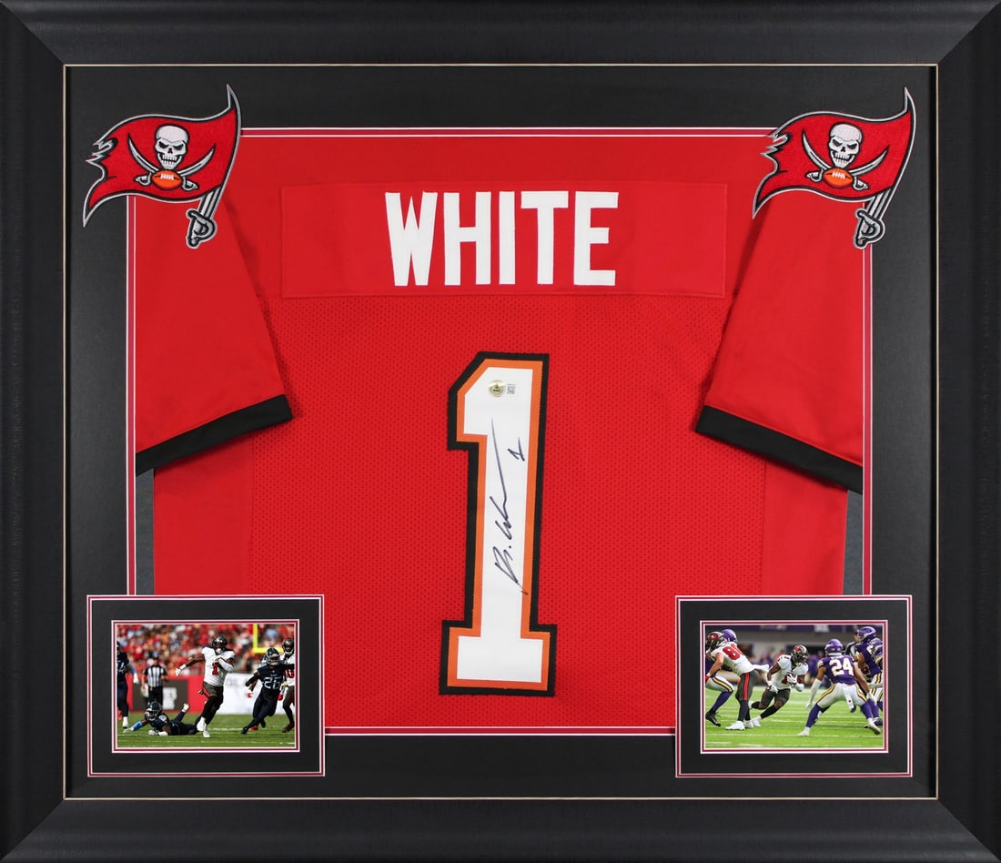 Framed Rachaad White signed red jersey Beckett BAS witnessed: Framed Rachaad White signed red jersey Beckett BAS witnessed Autographed red pro style framed jersey personally signed by Rachaad White of the Tampa Bay Buccaneers. This is an original item with Becke
