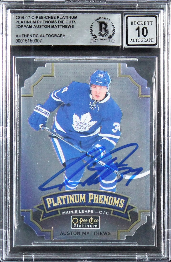 Auston Matthews Rookie OPC Platinum Phenoms Die Cut Auto Beckett 10 Slabbed Card: Auston Matthews Rookie OPC Platinum Phenoms Die Cut Auto Beckett 10 Slabbed Card This is an original 2016 O-Pee-Chee Platinum Platinum Phenoms Die Cuts #OPPAM rookie card, personally signed by Auston 